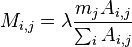 M_{i,j} = \lambda \frac{m_j A_{i,j} }{\sum_{i} A_{i,j} }