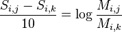 \frac{S_{i,j} - S_{i,k}}{10} = \log \frac{M_{i,j}}{M_{i,k}}