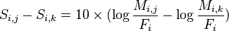 S_{i,j} - S_{i,k} = 10 \times (\log\frac{M_{i,j}}{F_i} - \log\frac{M_{i,k}}{F_i})